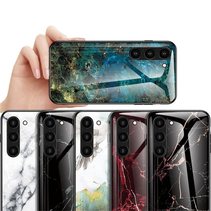For Samsung Galaxy S23+ Marble Pattern Printing Tempered Glass Back Case Shockproof PC +TPU Frame Scratch-Resistant Phone Cover - Black Marble - 4