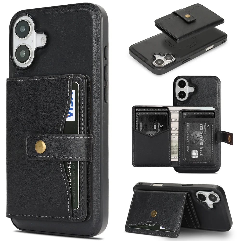 For iPhone 16 Kickstand Case Detachable Card Bag Compatible with MagSafe PU Leather Coated TPU Phone Cover - Black - 1