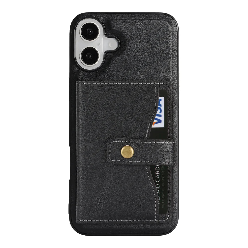 For iPhone 16 Kickstand Case Detachable Card Bag Compatible with MagSafe PU Leather Coated TPU Phone Cover - Black - 2