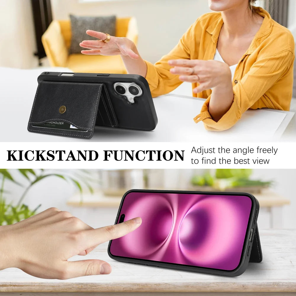 For iPhone 16 Kickstand Case Detachable Card Bag Compatible with MagSafe PU Leather Coated TPU Phone Cover - Black - 4