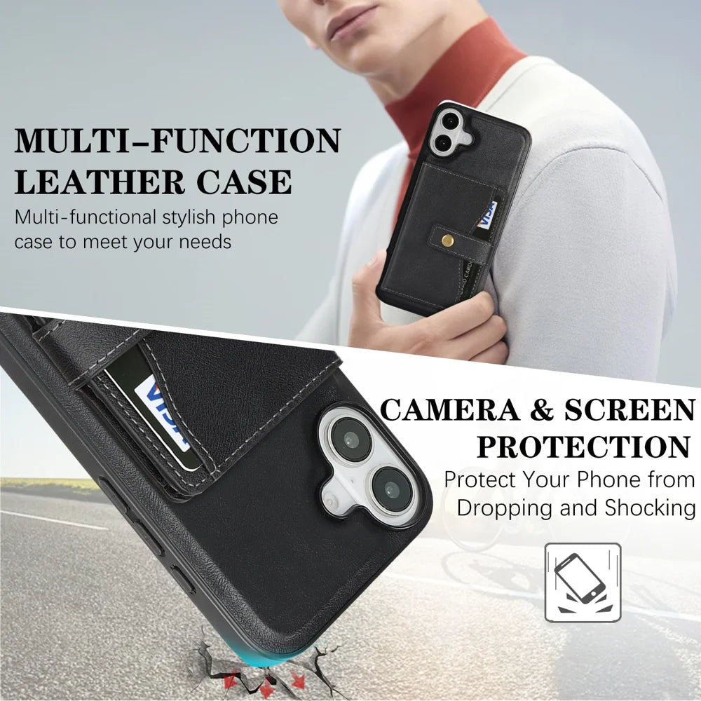 For iPhone 16 Kickstand Case Detachable Card Bag Compatible with MagSafe PU Leather Coated TPU Phone Cover - Black - 5