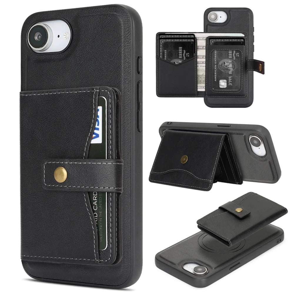 For iPhone 17e / 16e Kickstand Case Detachable Card Bag Compatible with MagSafe PU Leather Coated TPU Phone Cover - Black - 1
