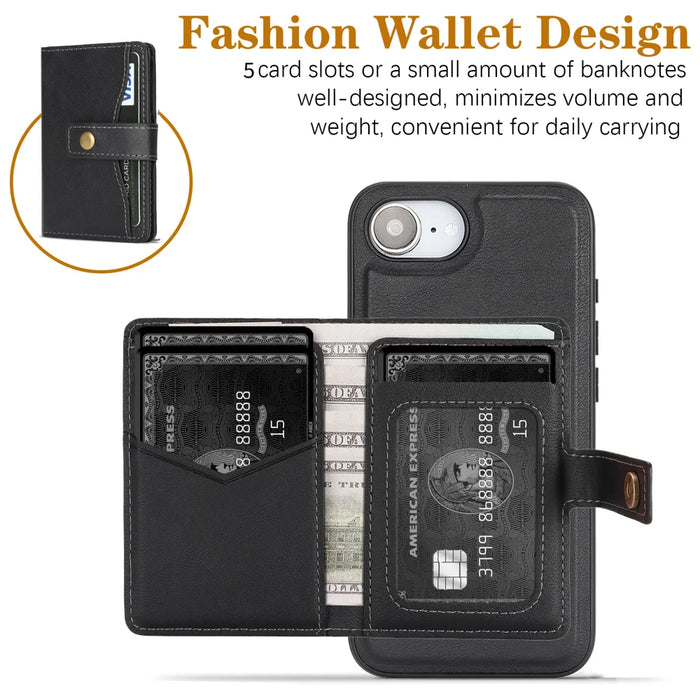 For iPhone 17e / 16e Kickstand Case Detachable Card Bag Compatible with MagSafe PU Leather Coated TPU Phone Cover - Black - 2