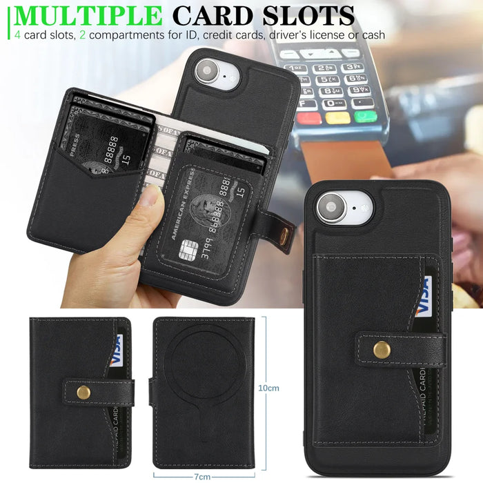 For iPhone 17e / 16e Kickstand Case Detachable Card Bag Compatible with MagSafe PU Leather Coated TPU Phone Cover - Black - 5