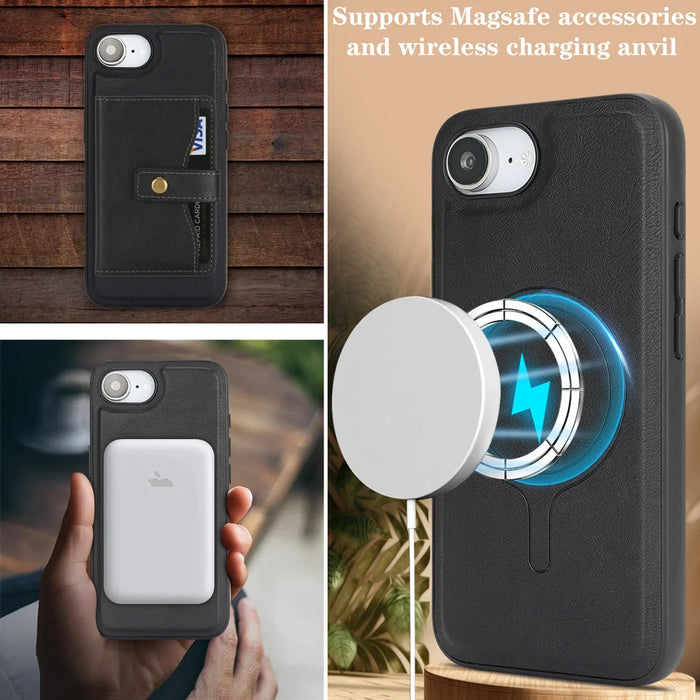 For iPhone 17e / 16e Kickstand Case Detachable Card Bag Compatible with MagSafe PU Leather Coated TPU Phone Cover - Black - 6