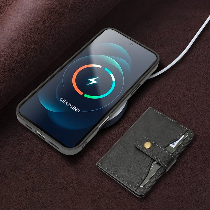 For iPhone 17e / 16e Kickstand Case Detachable Card Bag Compatible with MagSafe PU Leather Coated TPU Phone Cover - Black - 7