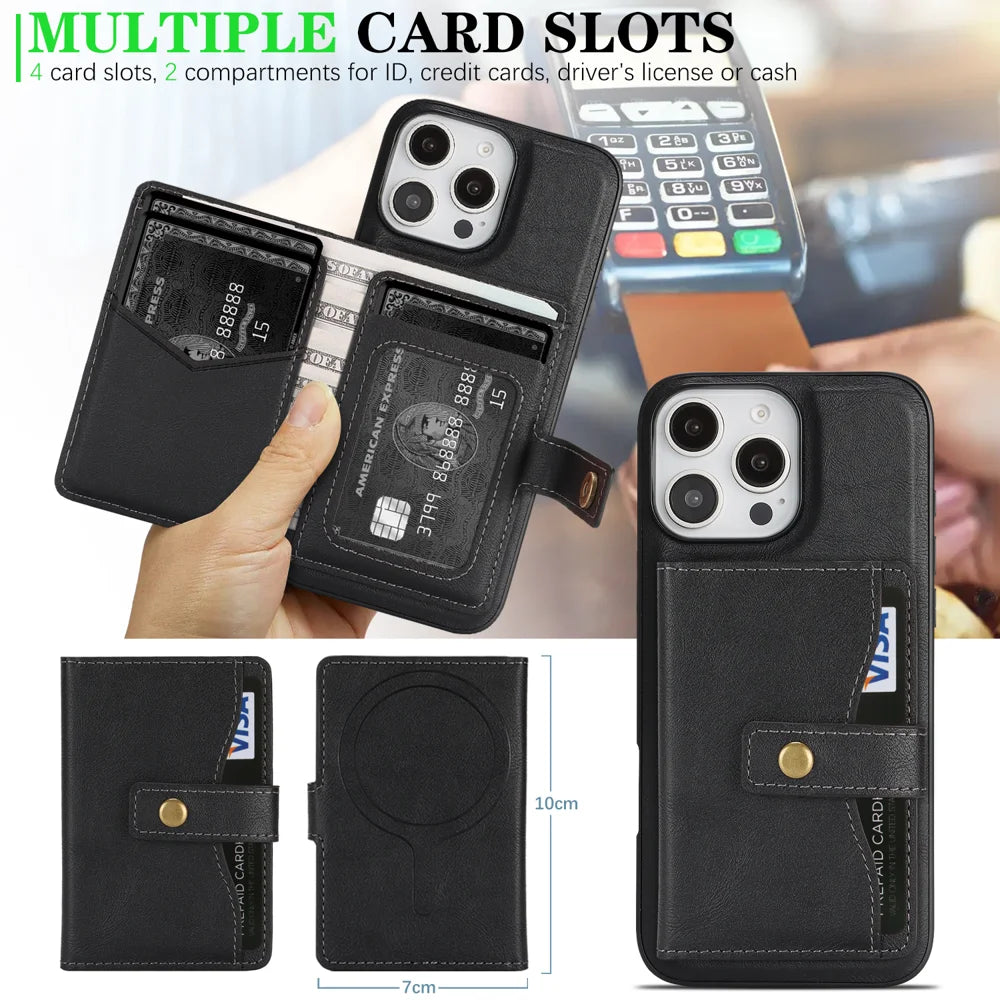 For iPhone 16 Pro Kickstand Case Detachable Card Bag Compatible with MagSafe PU Leather Coated TPU Phone Cover - Black - 6