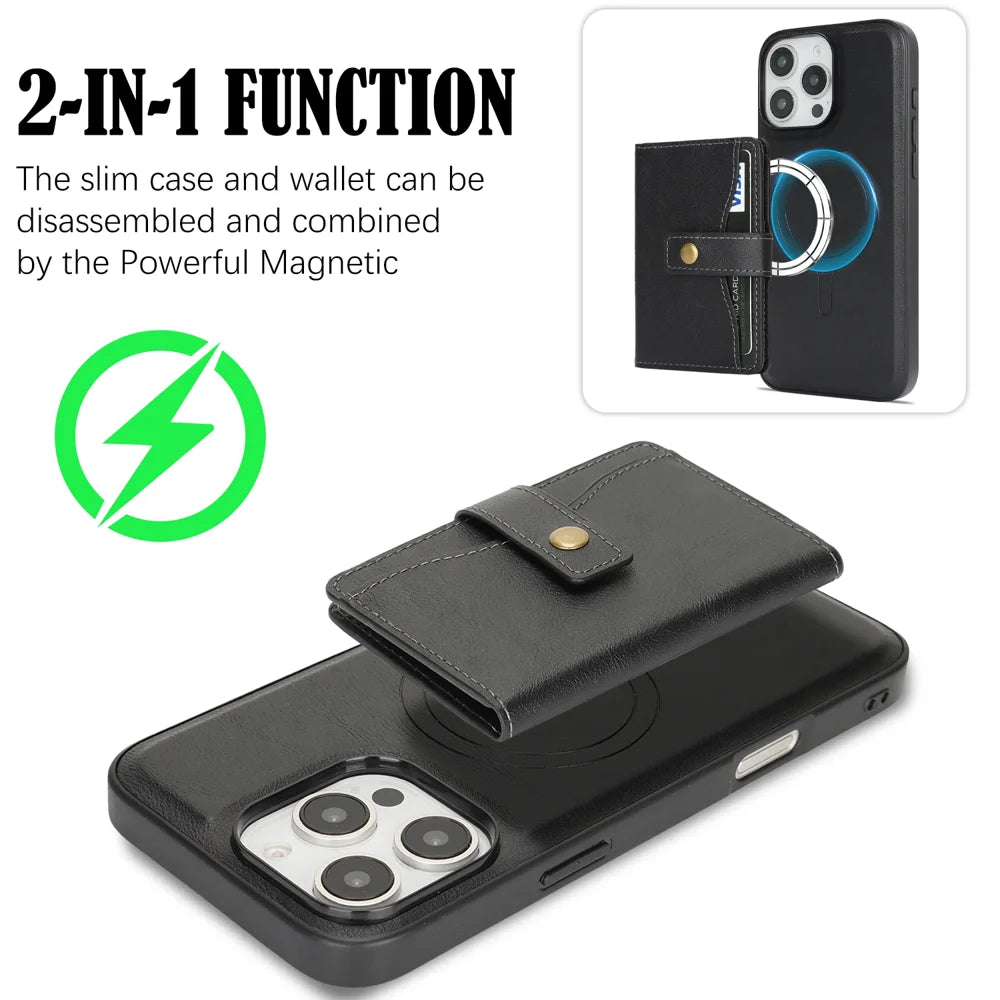 For iPhone 14 Pro Max Kickstand Case Detachable Card Bag Compatible with MagSafe PU Leather Coated TPU Phone Cover - Black - 3
