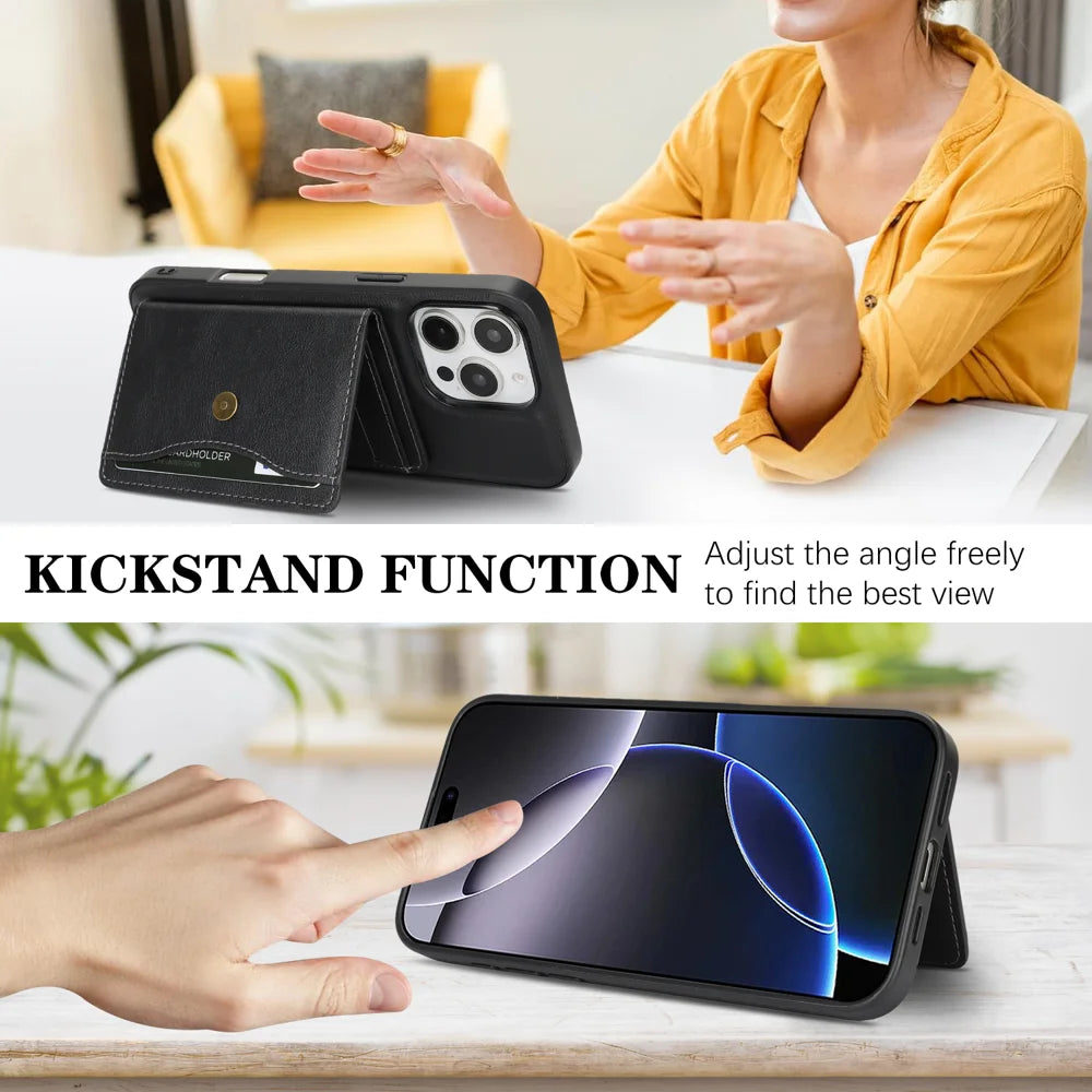 For iPhone 14 Pro Max Kickstand Case Detachable Card Bag Compatible with MagSafe PU Leather Coated TPU Phone Cover - Black - 4