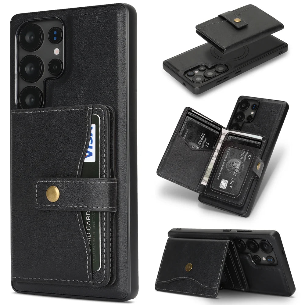 For Samsung Galaxy S24 Ultra Kickstand Case Detachable Card Bag Magnetic Case PU Leather Coated TPU Phone Cover - Black - 1