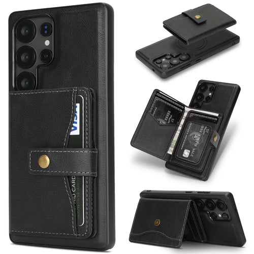 For Samsung Galaxy S24 Ultra Kickstand Case Detachable Card Bag Magnetic Case PU Leather Coated TPU Phone Cover - Black - 1