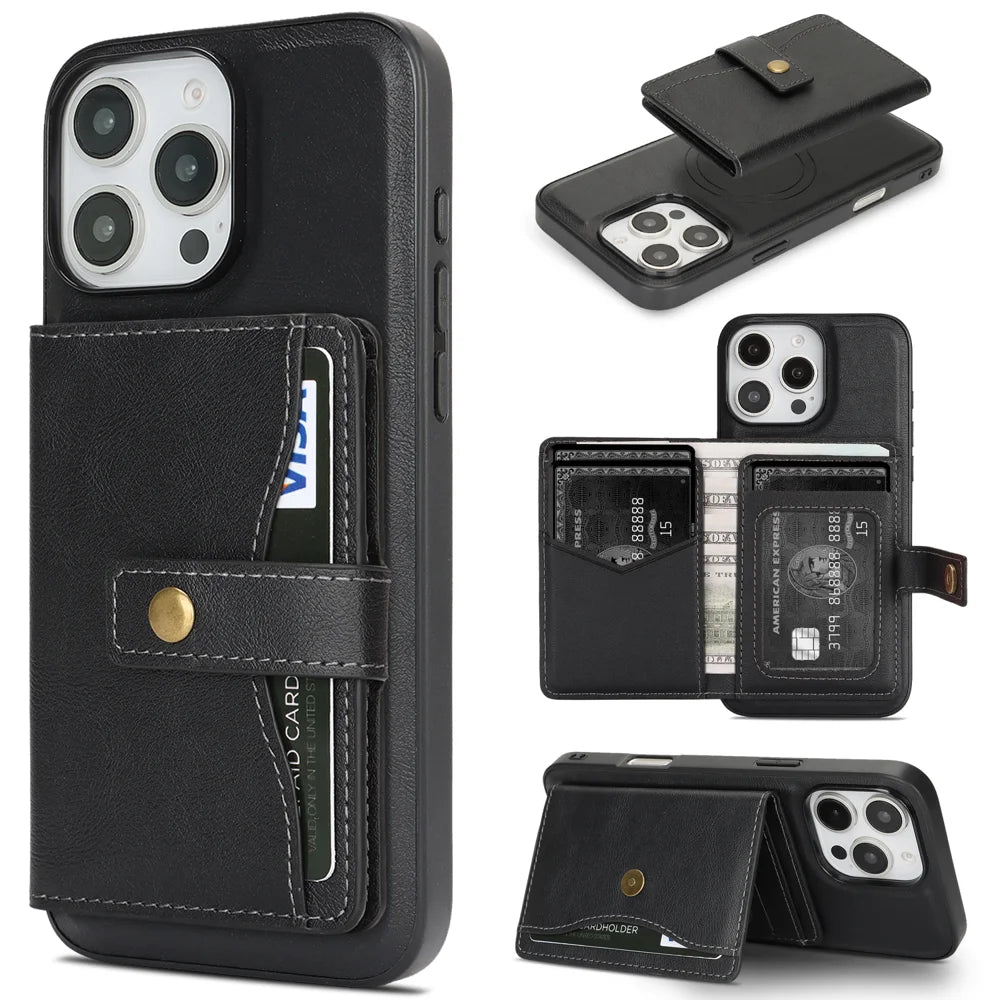 For iPhone 13 Pro Max Kickstand Case Detachable Card Bag Compatible with MagSafe PU Leather Coated TPU Phone Cover - Black - 1