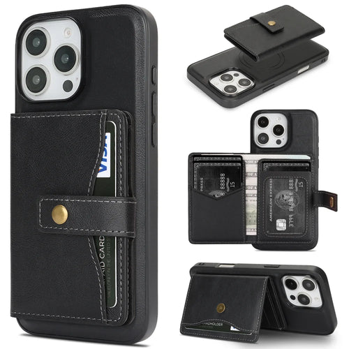 For iPhone 13 Pro Max Kickstand Case Detachable Card Bag Compatible with MagSafe PU Leather Coated TPU Phone Cover - Black - 1