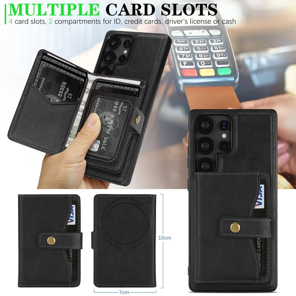 For Samsung Galaxy S25 Ultra Kickstand Case Detachable Card Bag Magnetic Case PU Leather Coated TPU Phone Cover - Black - 5