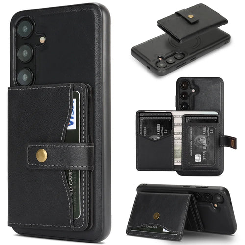 For Samsung Galaxy S25 Kickstand Case Detachable Card Bag Magnetic Case PU Leather Coated TPU Phone Cover - Black - 1