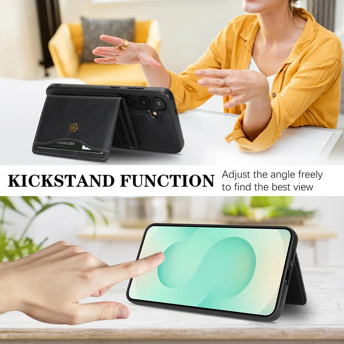 For Samsung Galaxy S25 Kickstand Case Detachable Card Bag Magnetic Case PU Leather Coated TPU Phone Cover - Black - 4
