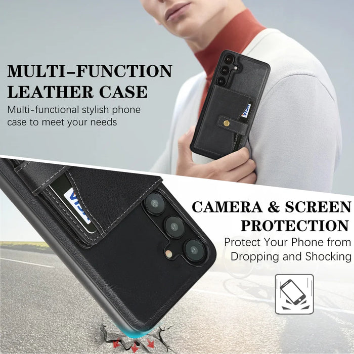 For Samsung Galaxy S25 Kickstand Case Detachable Card Bag Magnetic Case PU Leather Coated TPU Phone Cover - Black - 5