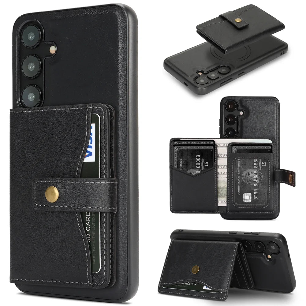 For Samsung Galaxy S25+ Kickstand Case Detachable Card Bag Magnetic Case PU Leather Coated TPU Phone Cover - Black - 1