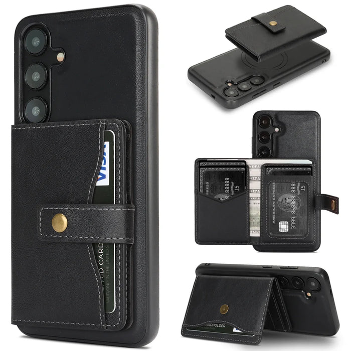 For Samsung Galaxy S25+ Kickstand Case Detachable Card Bag Magnetic Case PU Leather Coated TPU Phone Cover - Black - 1