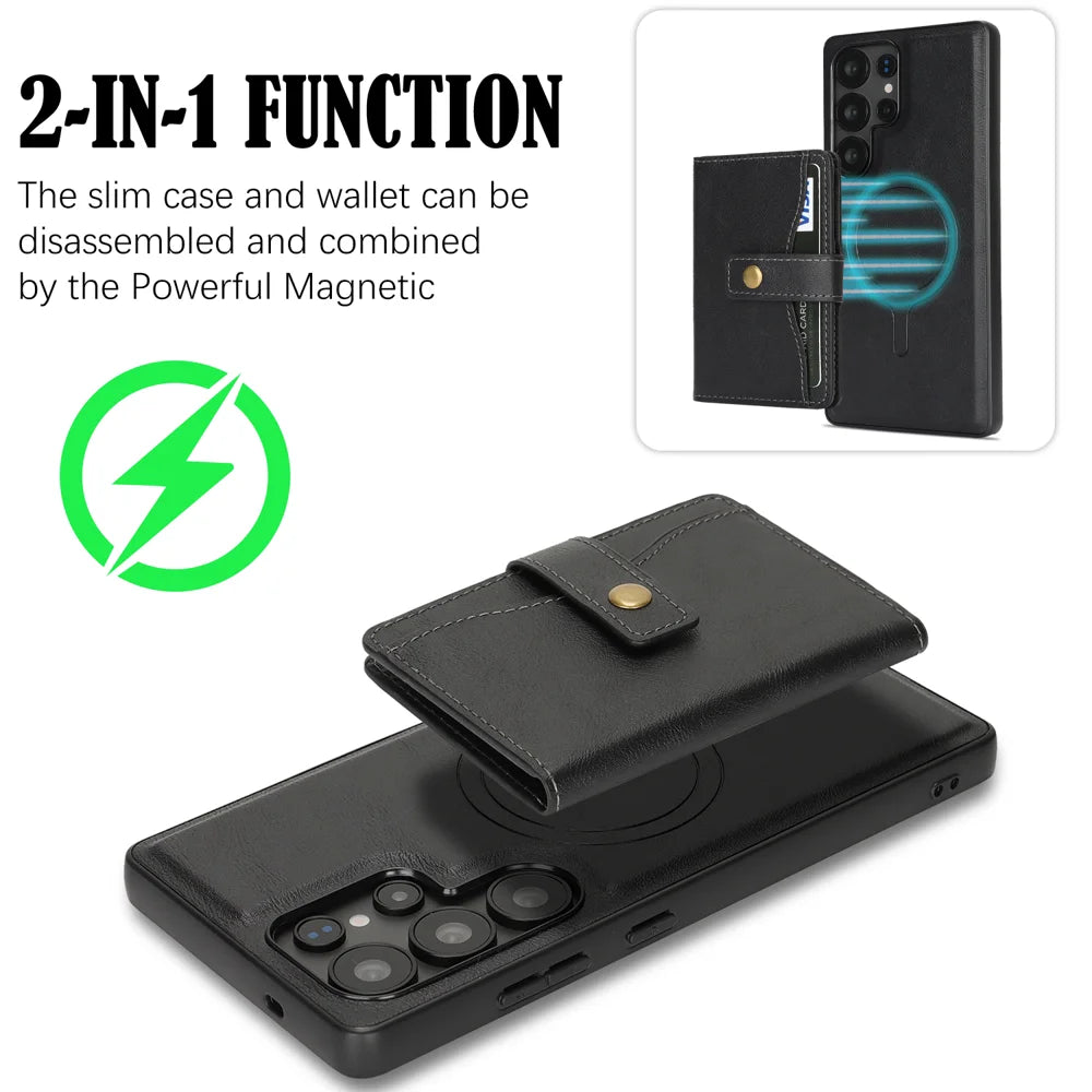 For Samsung Galaxy S23 Ultra Kickstand Case Detachable Card Bag Magnetic Case PU Leather Coated TPU Phone Cover - Black - 2