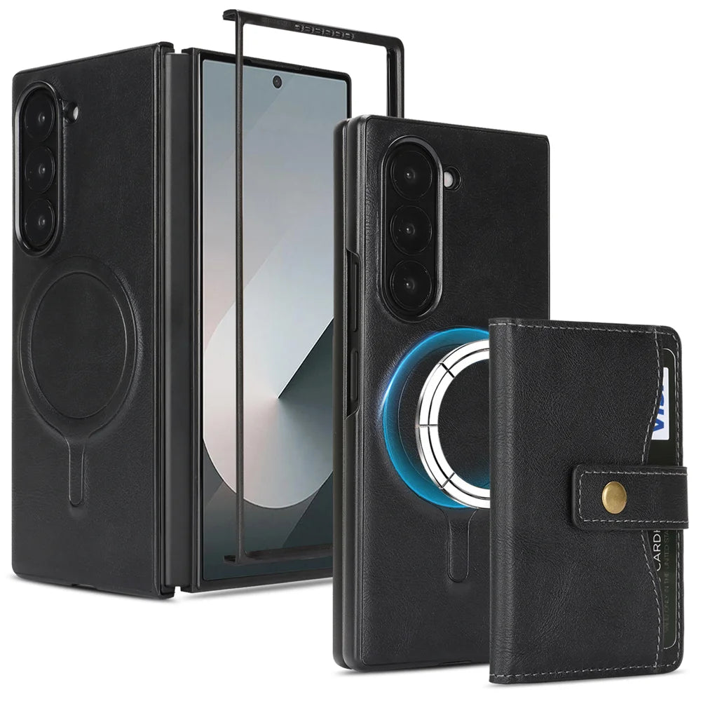 For Samsung Galaxy Z Fold6 5G Kickstand Case Detachable Card Bag Magnetic Case PU Leather Coated TPU Phone Cover - Black - 1