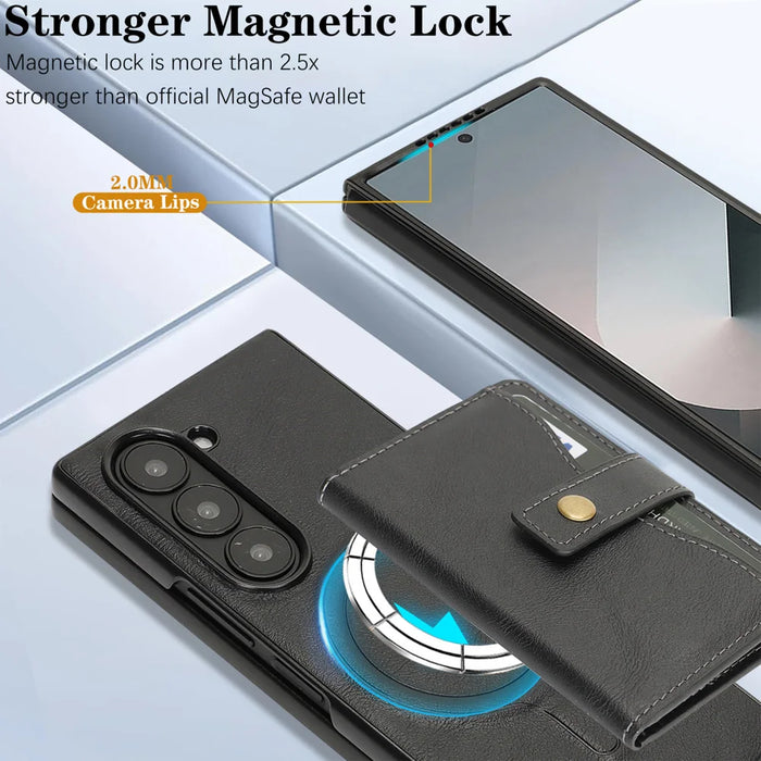 For Samsung Galaxy Z Fold6 5G Kickstand Case Detachable Card Bag Magnetic Case PU Leather Coated TPU Phone Cover - Black - 5