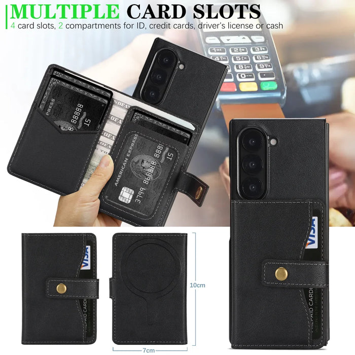For Samsung Galaxy Z Fold6 5G Kickstand Case Detachable Card Bag Magnetic Case PU Leather Coated TPU Phone Cover - Black - 6