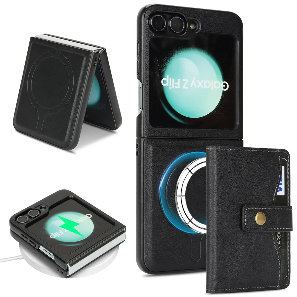 For Samsung Galaxy Z Flip6 5G Kickstand Case Detachable Card Bag Magnetic Case PU Leather Coated TPU Phone Cover - Black - 1