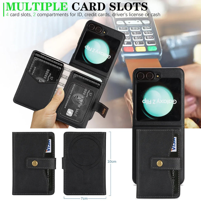 For Samsung Galaxy Z Flip6 5G Kickstand Case Detachable Card Bag Magnetic Case PU Leather Coated TPU Phone Cover - Black - 6