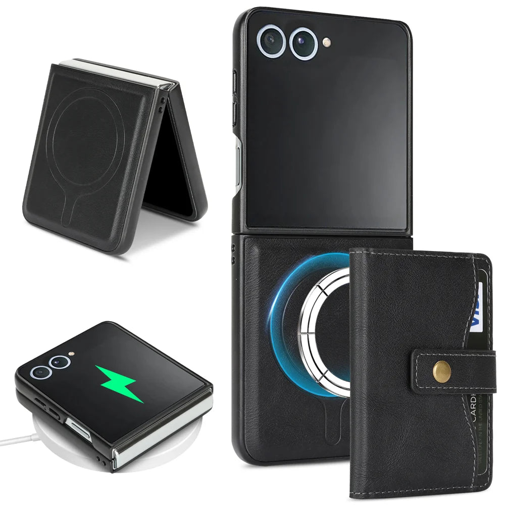 For Samsung Galaxy Z Flip7 5G Kickstand Case Detachable Card Bag Magnetic Case PU Leather Coated TPU Phone Cover - Black - 1