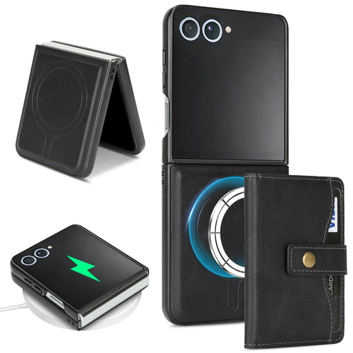 For Samsung Galaxy Z Flip7 5G Kickstand Case Detachable Card Bag Magnetic Case PU Leather Coated TPU Phone Cover - Black - 1