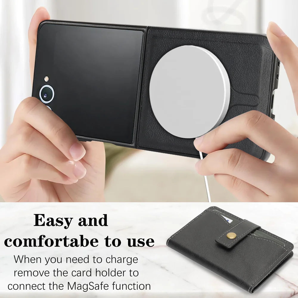For Samsung Galaxy Z Flip7 5G Kickstand Case Detachable Card Bag Magnetic Case PU Leather Coated TPU Phone Cover - Black - 3