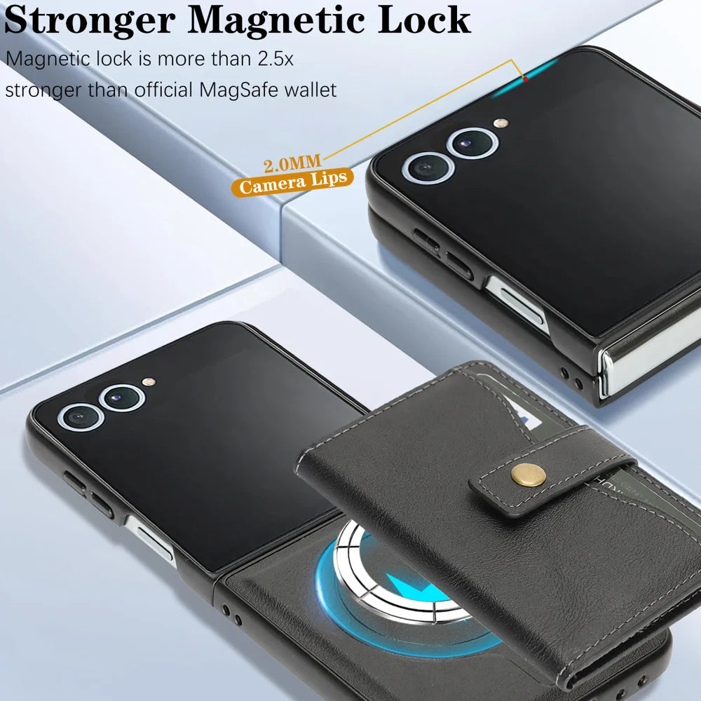 For Samsung Galaxy Z Flip7 5G Kickstand Case Detachable Card Bag Magnetic Case PU Leather Coated TPU Phone Cover - Black - 5
