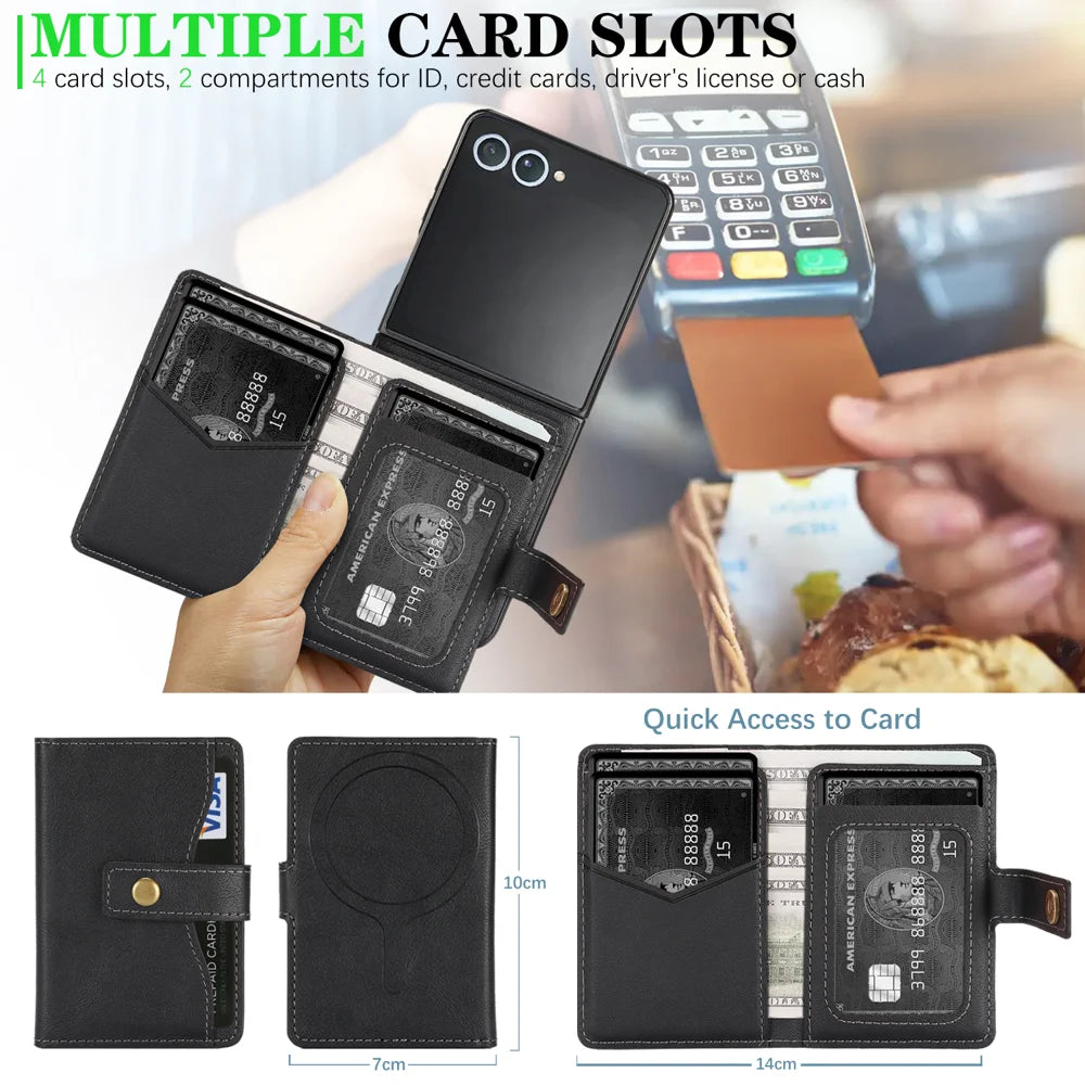 For Samsung Galaxy Z Flip7 5G Kickstand Case Detachable Card Bag Magnetic Case PU Leather Coated TPU Phone Cover - Black - 6