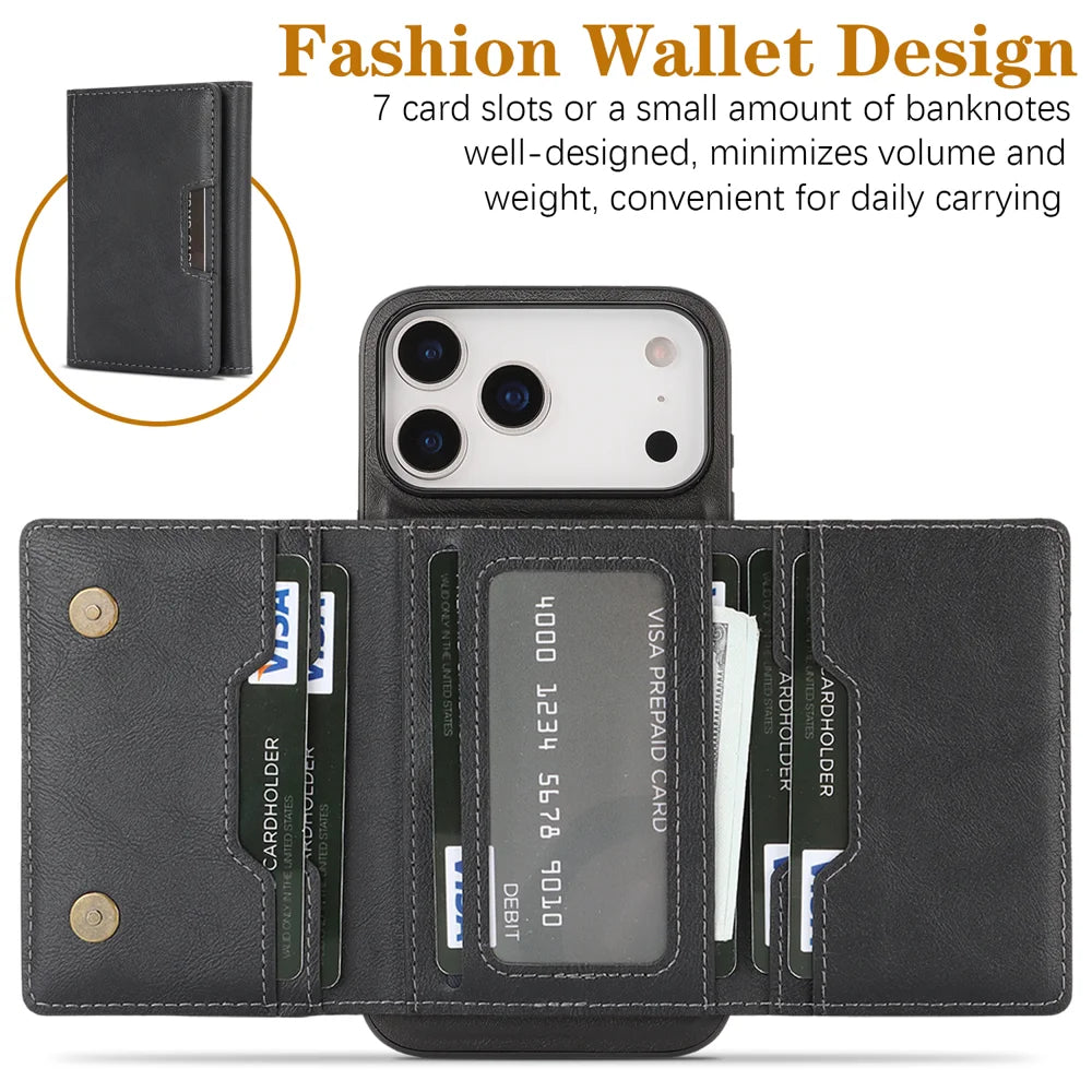 For iPhone 17 Pro Max Kickstand Case Tri-fold Card Bag PU Leather Coated TPU Cover Compatible with MagSafe - Black - 3