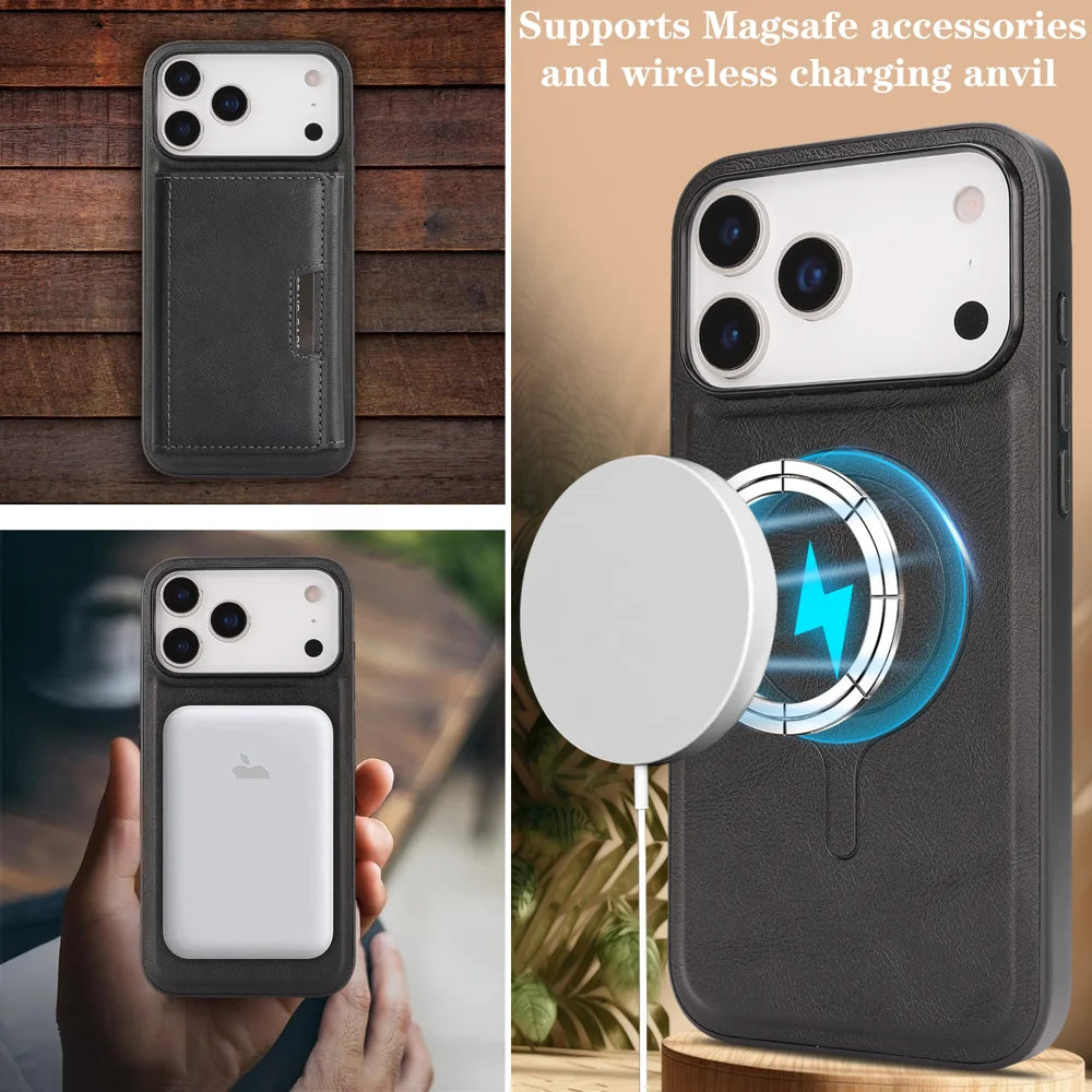 For iPhone 17 Pro Max Kickstand Case Tri-fold Card Bag PU Leather Coated TPU Cover Compatible with MagSafe - Black - 4