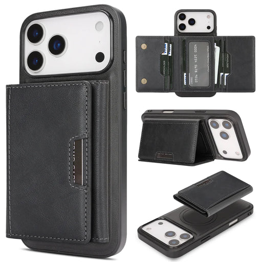 For iPhone 17 Pro Kickstand Case Tri-fold Card Bag PU Leather Coated TPU Cover Compatible with MagSafe - Black - 1