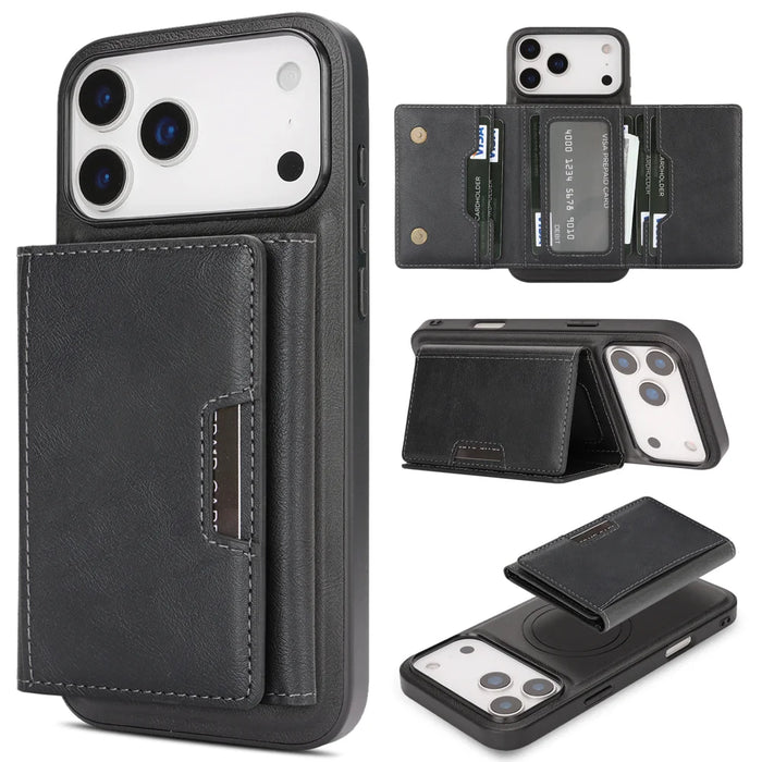 For iPhone 17 Pro Kickstand Case Tri-fold Card Bag PU Leather Coated TPU Cover Compatible with MagSafe - Black - 1