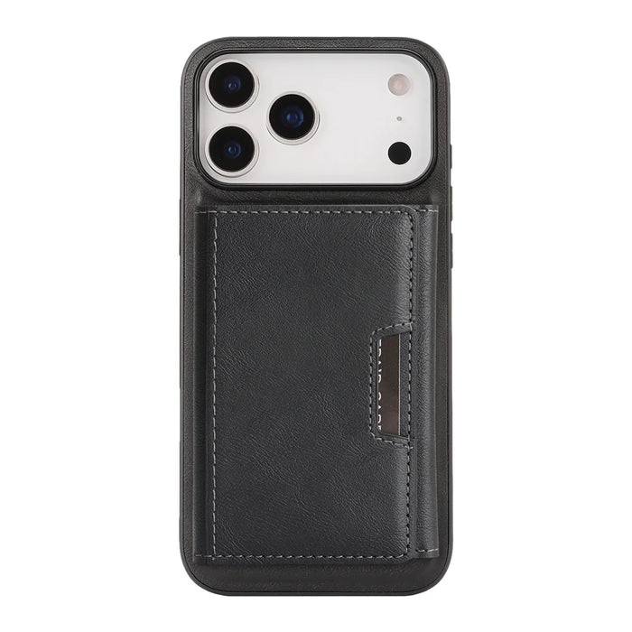 For iPhone 17 Pro Kickstand Case Tri-fold Card Bag PU Leather Coated TPU Cover Compatible with MagSafe - Black - 2