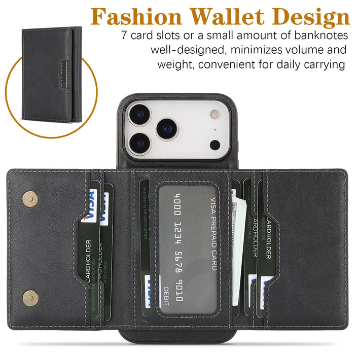For iPhone 17 Pro Kickstand Case Tri-fold Card Bag PU Leather Coated TPU Cover Compatible with MagSafe - Black - 3
