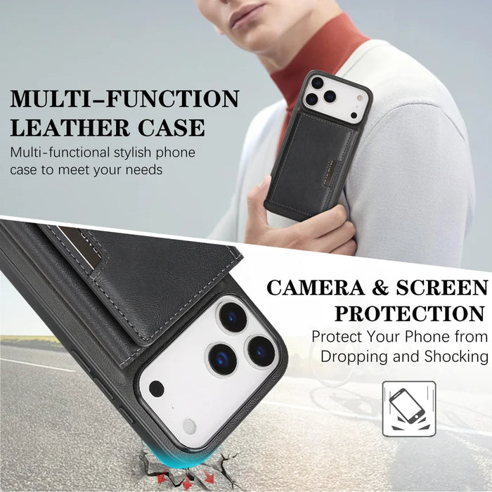 For iPhone 17 Pro Kickstand Case Tri-fold Card Bag PU Leather Coated TPU Cover Compatible with MagSafe - Black - 6