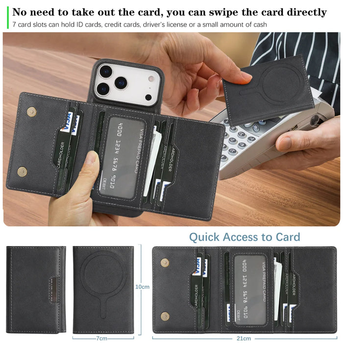 For iPhone 17 Pro Kickstand Case Tri-fold Card Bag PU Leather Coated TPU Cover Compatible with MagSafe - Black - 7
