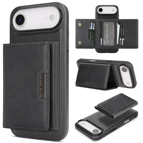 For iPhone Air Kickstand Case Tri-fold Card Bag PU Leather Coated TPU Cover Compatible with MagSafe - Black - 1
