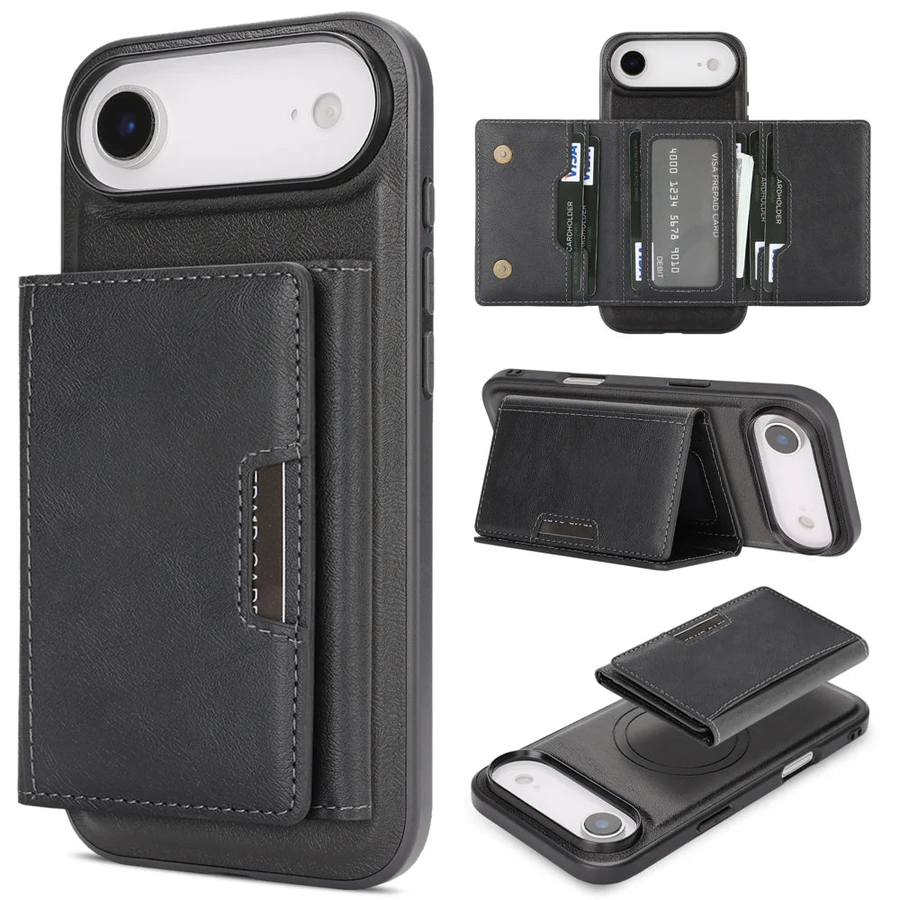For iPhone Air Kickstand Case Tri-fold Card Bag PU Leather Coated TPU Cover Compatible with MagSafe - Black - 1