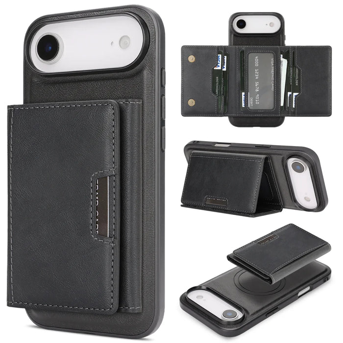 For iPhone Air Kickstand Case Tri-fold Card Bag PU Leather Coated TPU Cover Compatible with MagSafe - Black - 1