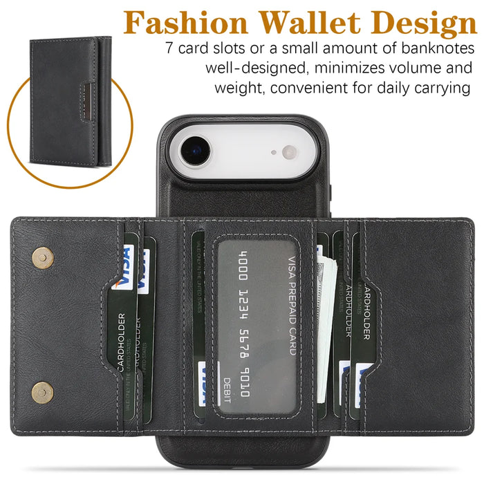 For iPhone Air Kickstand Case Tri-fold Card Bag PU Leather Coated TPU Cover Compatible with MagSafe - Black - 3