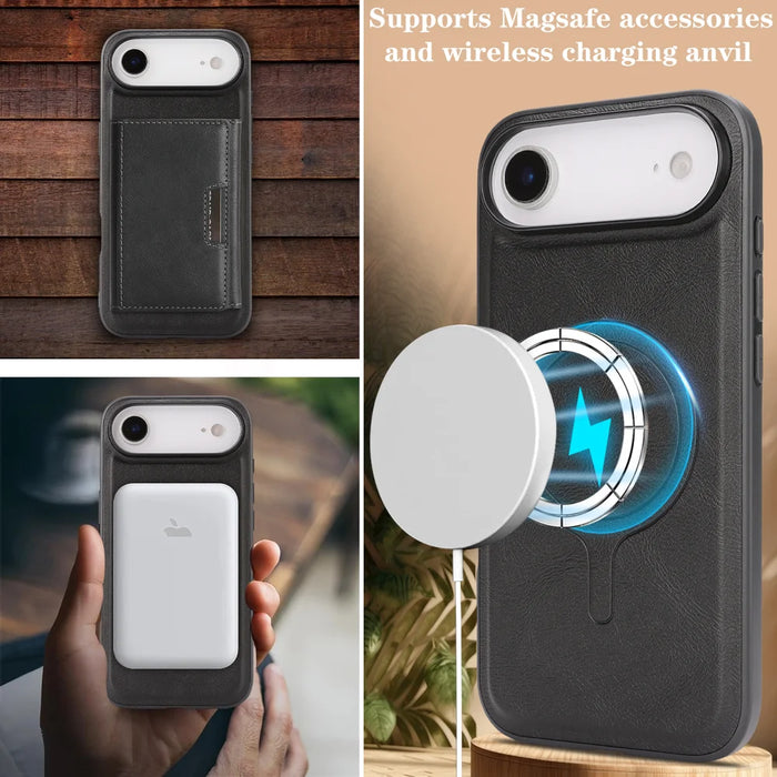 For iPhone Air Kickstand Case Tri-fold Card Bag PU Leather Coated TPU Cover Compatible with MagSafe - Black - 4