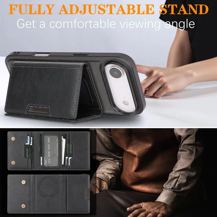 For iPhone Air Kickstand Case Tri-fold Card Bag PU Leather Coated TPU Cover Compatible with MagSafe - Black - 5