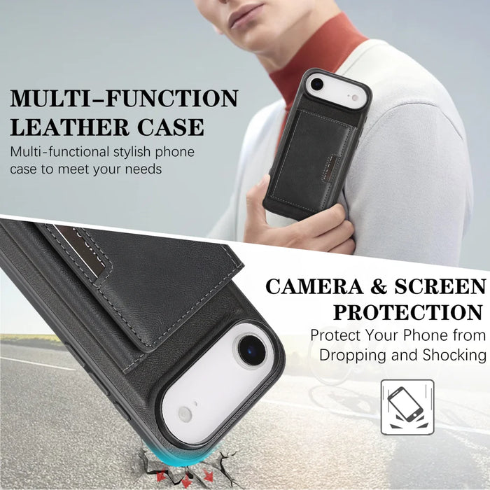 For iPhone Air Kickstand Case Tri-fold Card Bag PU Leather Coated TPU Cover Compatible with MagSafe - Black - 6