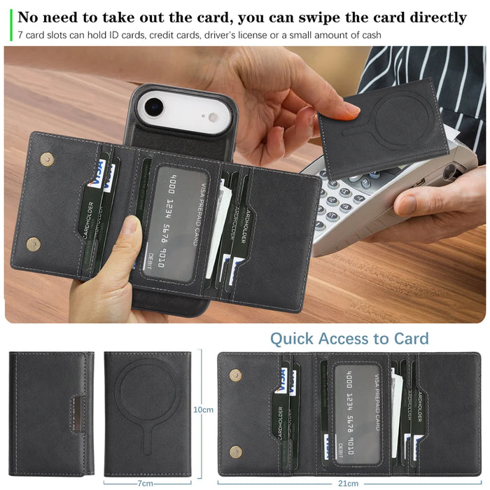 For iPhone Air Kickstand Case Tri-fold Card Bag PU Leather Coated TPU Cover Compatible with MagSafe - Black - 7